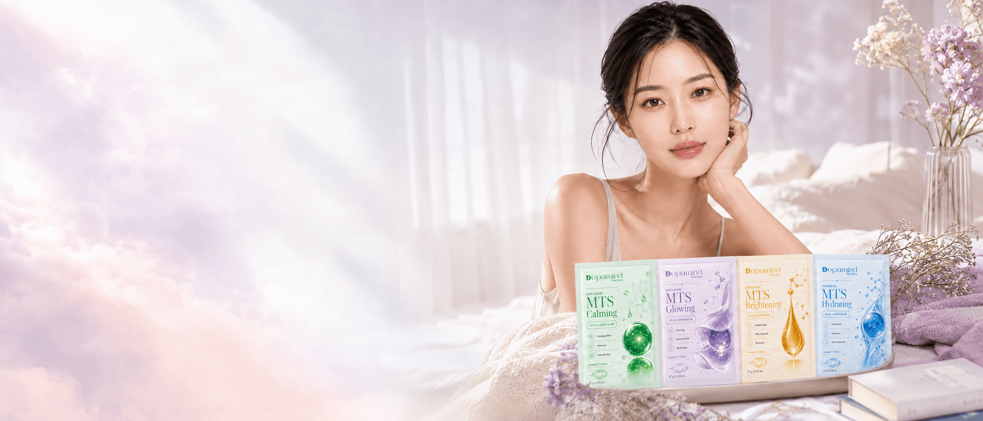 Bộ mặt nạ MTS của Dopamind Mask Story trong không gian nghi thức chăm sóc da
