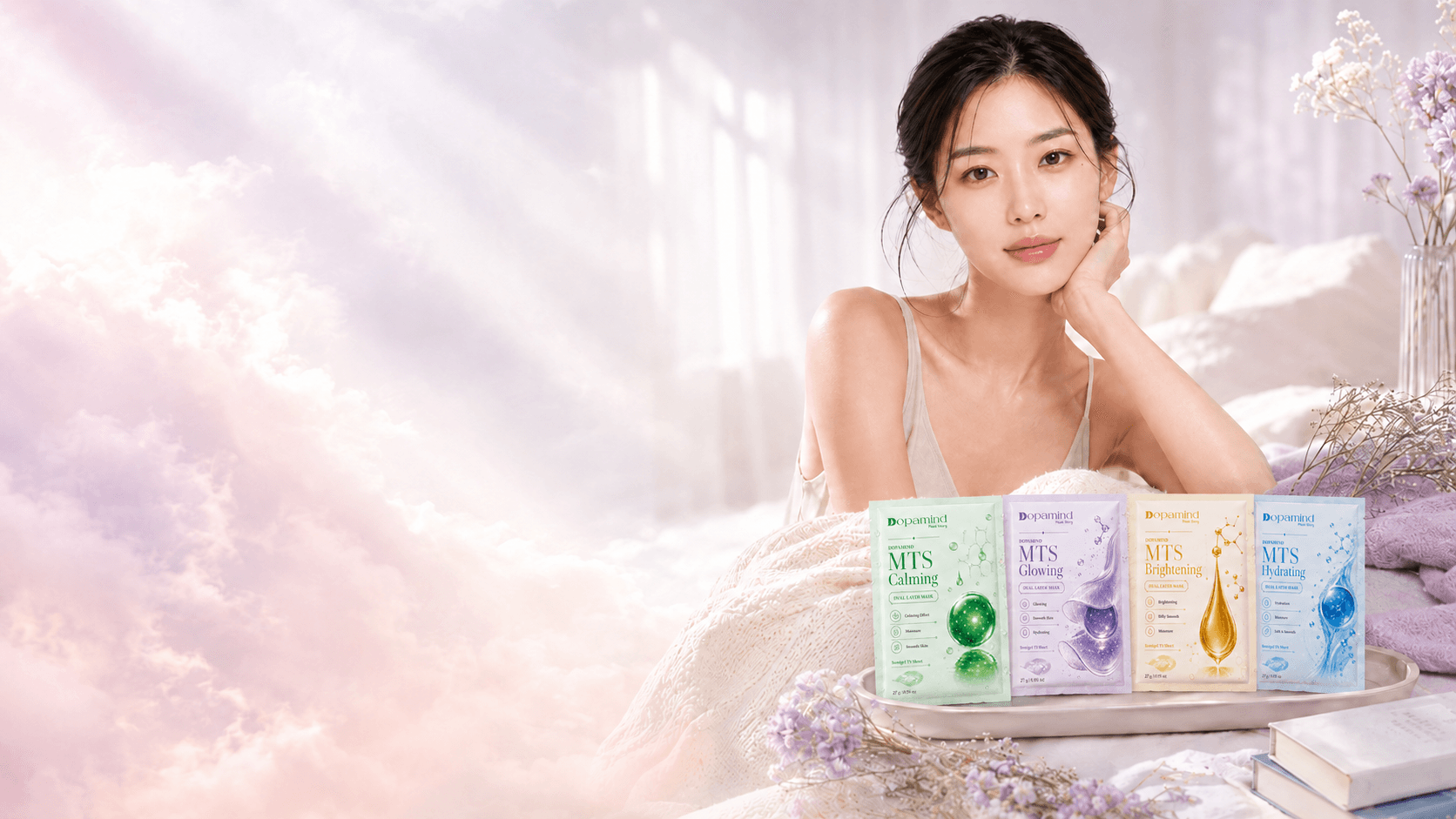 Bộ mặt nạ MTS của Dopamind Mask Story trong không gian nghi thức chăm sóc da
