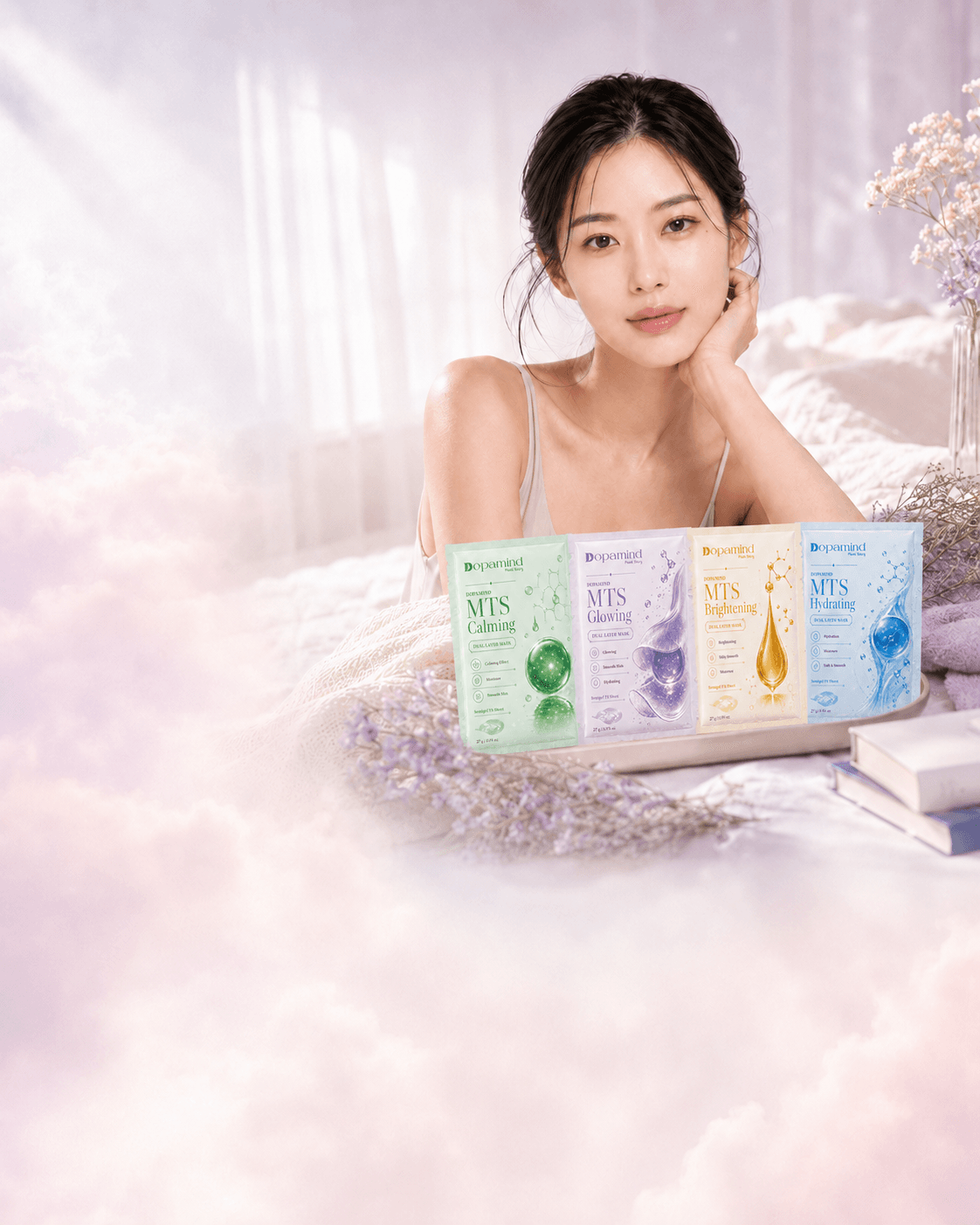Bộ mặt nạ MTS của Dopamind Mask Story trong không gian nghi thức chăm sóc da